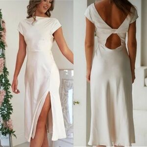SELFIE LESLIE Lucinda Twist Back Midi Maxi Dress Cap Sleeve Slit Champagne Sz XL